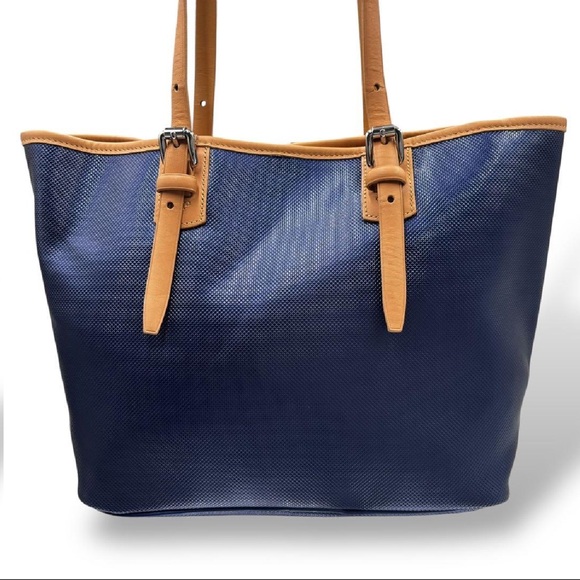 Longchamp Navy Blue Textured Canvas Leather Trim Tote Shoulder Bag Strong Buy - Picture 4 of 12